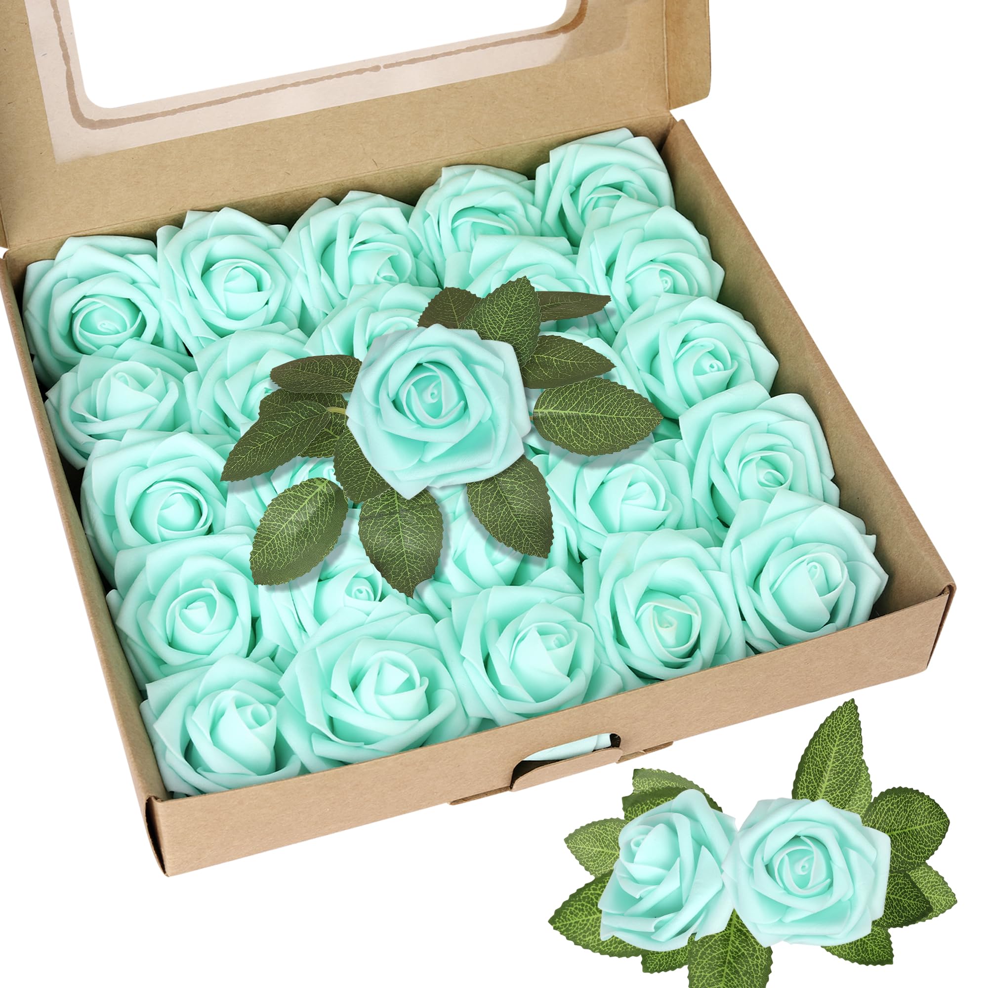 Xsstarmi 25 Pack Artificial Flowers Cake Topper Decoration with Box Foam Flower Rose Cake Pick Decorations for Birthday Wedding Anniversary Party DIY Cake Decorations Light Blue