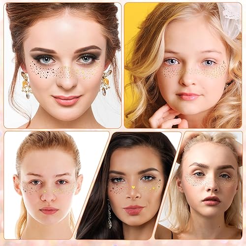 12 Gold PCS Freckles Face Tattoo Glitter Sparkle Freckles Temporary Face Tattoos Waterproof Cute Heart Star Speckles Patches for Women Girls Festival Rave Makeup Accessories