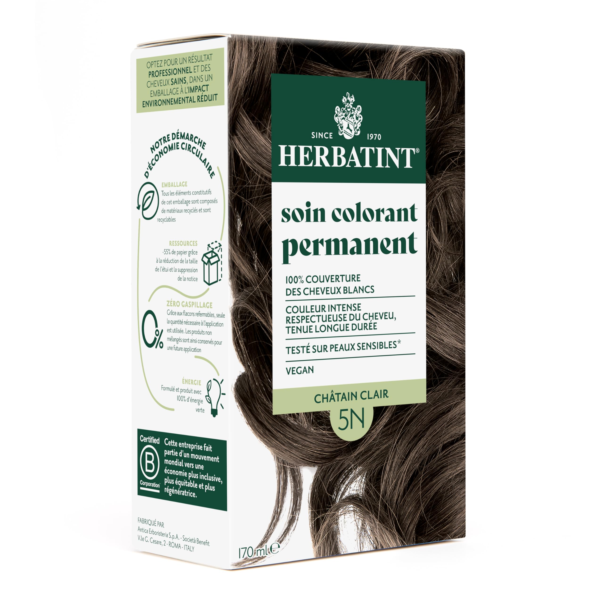 Herbatint Soin Colorant Permanent Cheveux 5N Châtain Clair - 170 ml | Sans Ammoniaque, 100% Couverture des Cheveux Blancs | Testé Dermatologiquement pour Peaux Sensibles, avec 8 Extraits Végétaux Bio