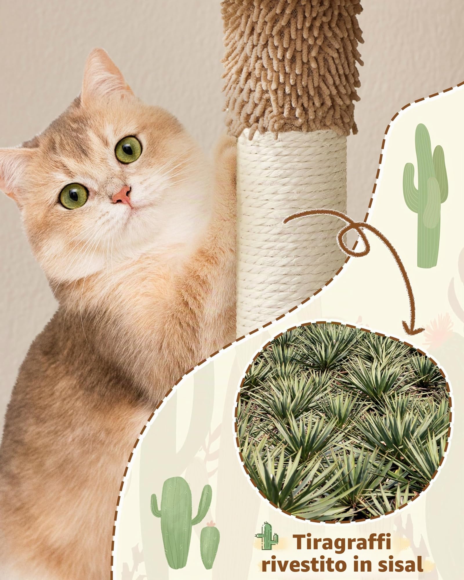 Yaheetech Albero Tiragraffi per Gatti a Forma di Cactus in Truciolato e Corda di Sisal 42,5 cm × 42,5 cm × 106,5 cm Beige/Marrone