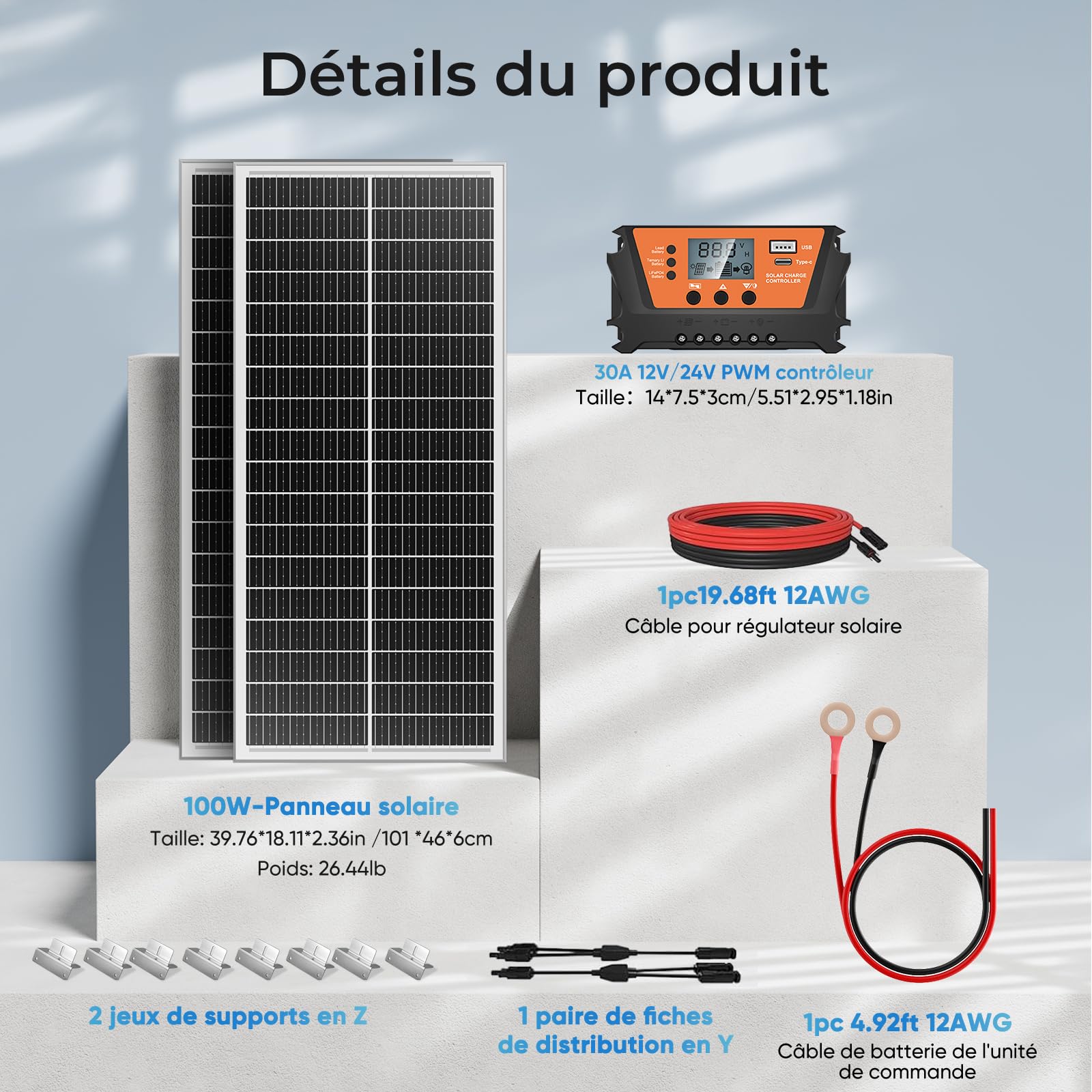 Kit Panneau Solaire 200 W 12V (2x100W) N-Type 18BB 25% IP68, Régulateur PWM 30A, pour Camping-Car, Van, Bateau, Système Solaire Hors Réseau