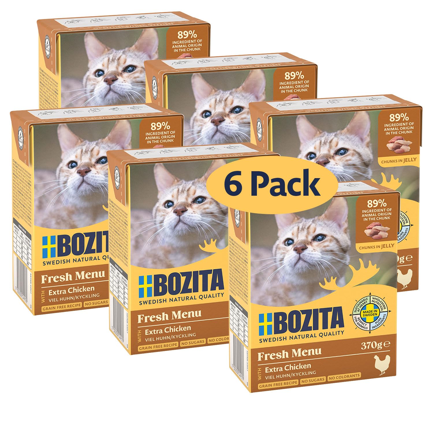 Bozita Tetra Häppchen in Gelee mit Huhn - 6x370g Getreide- & zuckerfreies Premium-Katzenfutter, ohne Gentechnik, mit 7,5% Protein und 5% Fettgehalt - appetitliches Nassfutter für Feinschmecker
