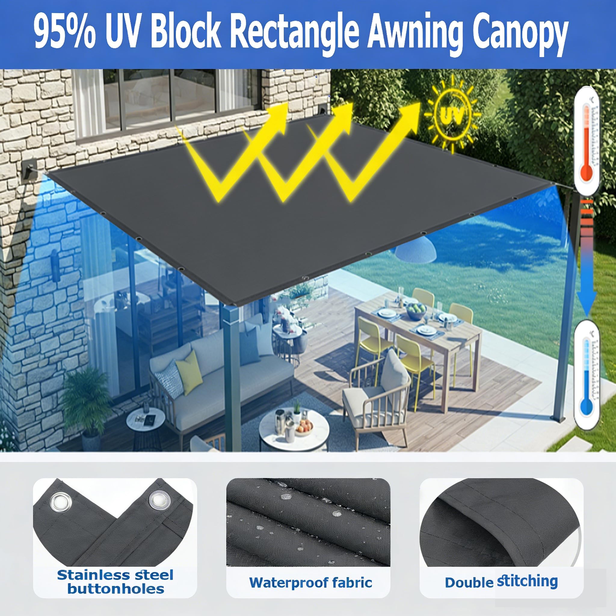AUWUUA Sonnensegel 5x8M Sonnensegel Wasserdicht Rechteckig, 95% UV-Schutz Sonnenschutz, (Nach Mass) Markisenstoff mit Ösen Seilen für 