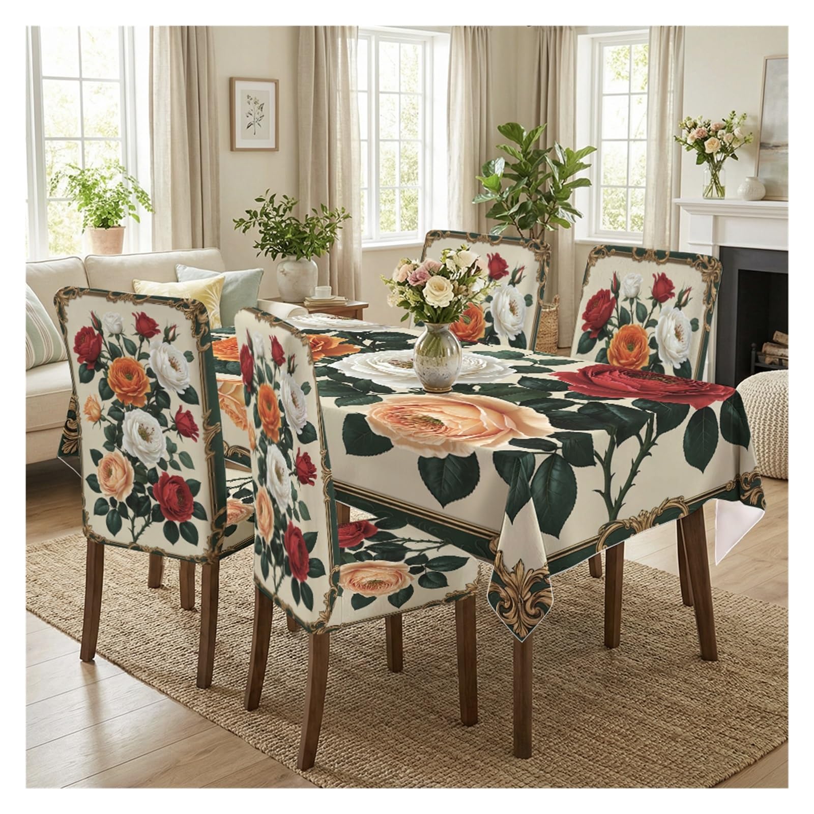 Linge de table de cuisine : housses de chaise extensibles avec nappe fleurie