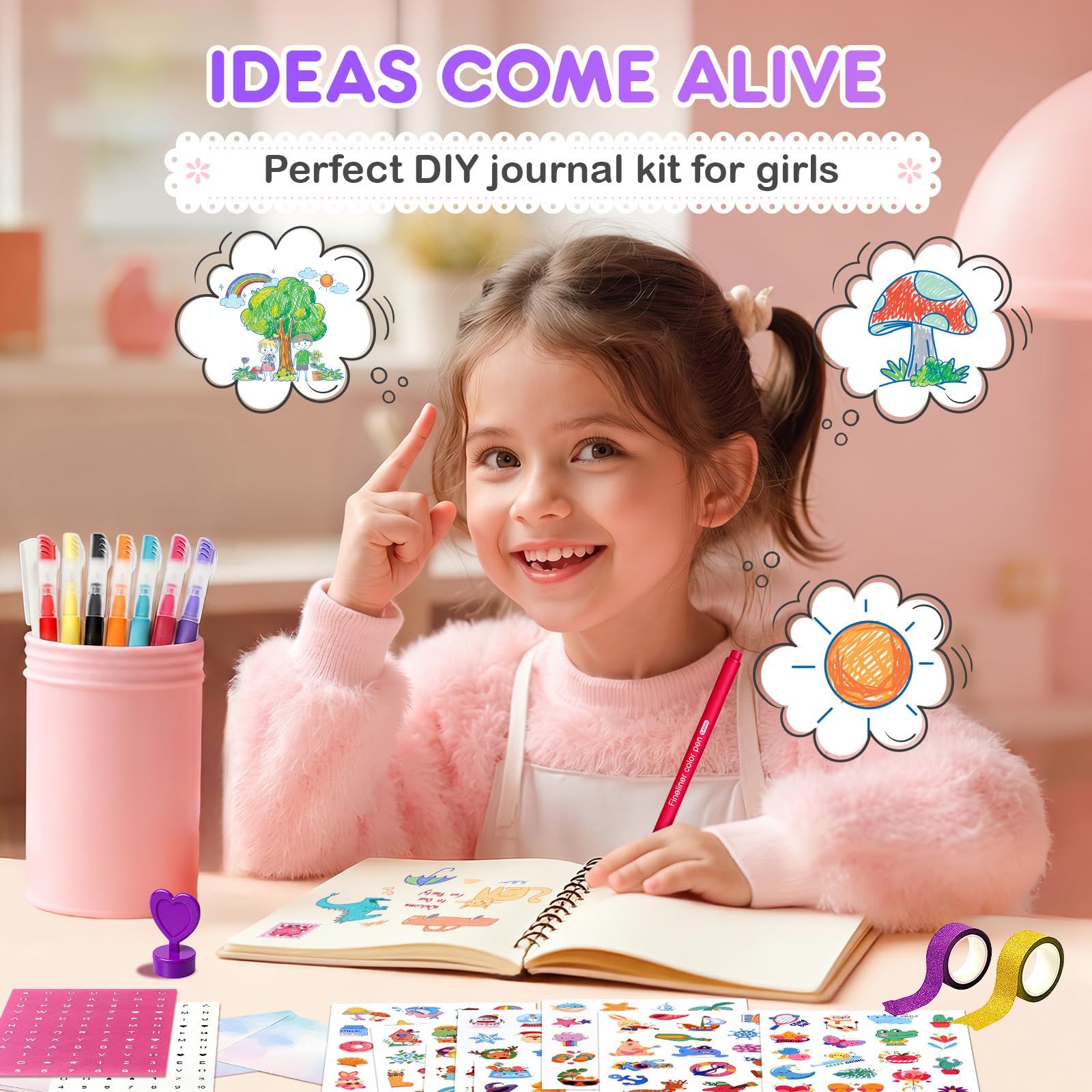 DIY Tagebuch Set für Mädchen ab 8 Jahre, Kinder Tagebuch mit Stiften, Stickern & Accessoires, Scrapbook Set Mädchen, Notizbuch Kinder, Geschenk für Mädchen 8 9 10 11 12 Jahre, Schreibwaren Set