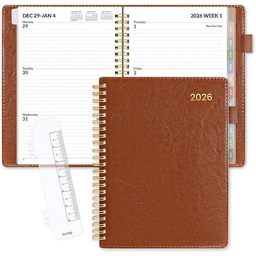 SUNEE 2026 Weekly & Monthly Planner 6.4"x8.5"- 12 Month (January 2026 - December 2026), Vegan Leather Cover, Pocket, Bookmark, Notes, Monthly Tab, Brown