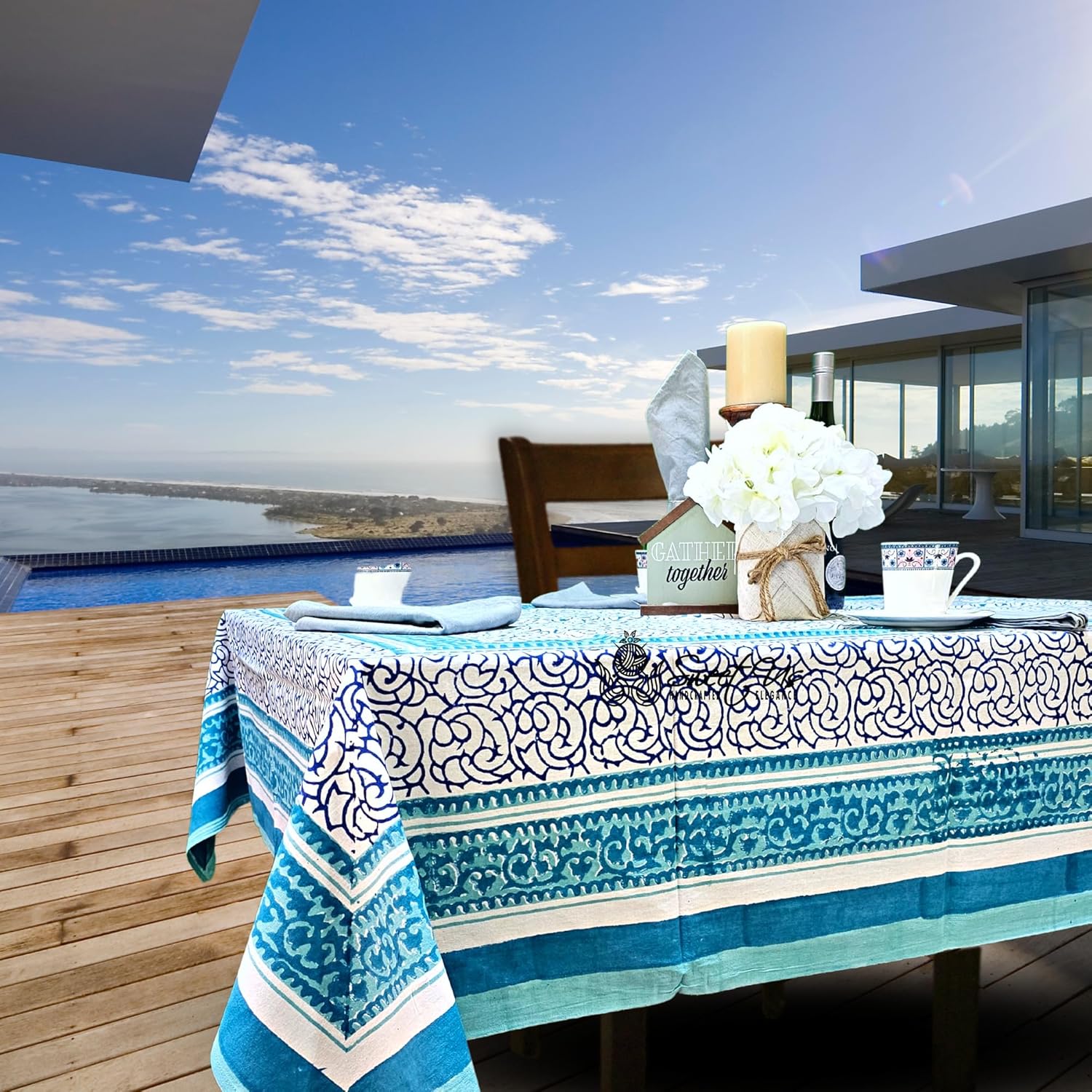 Sweet Us Eterna Vine Floral Cotton Tablecloth Rectangle and One Gray Napkin, Floral Kitchen Dining Table Cloth, Table Cover for Indoor and Outdoors, Aqua Frost, 68 x 102 in