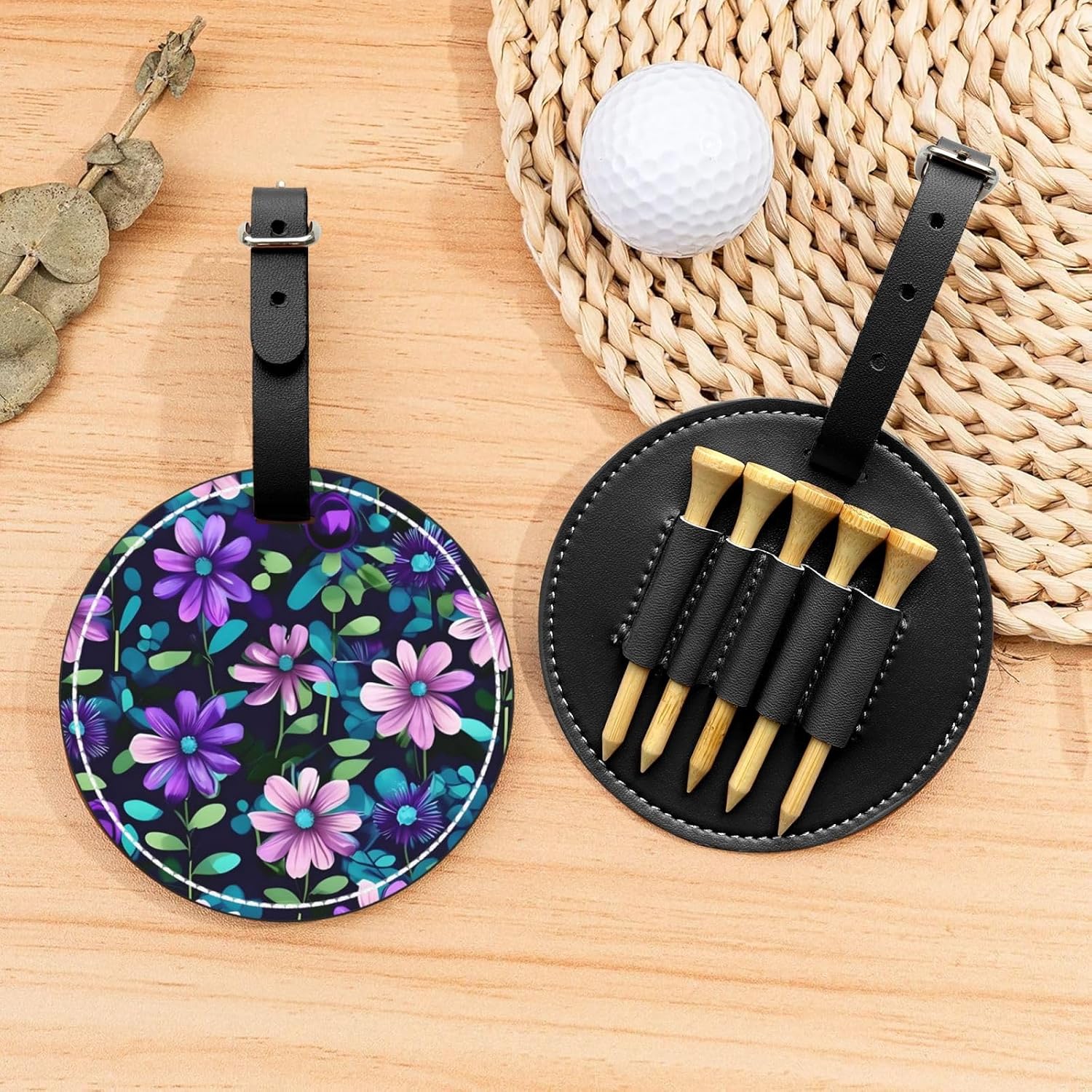 Purple Camellia Black Printed Golf tee Storage Bag - for Men only, Durable PU Material, Easy to Carry, Enhance The Golf Experience