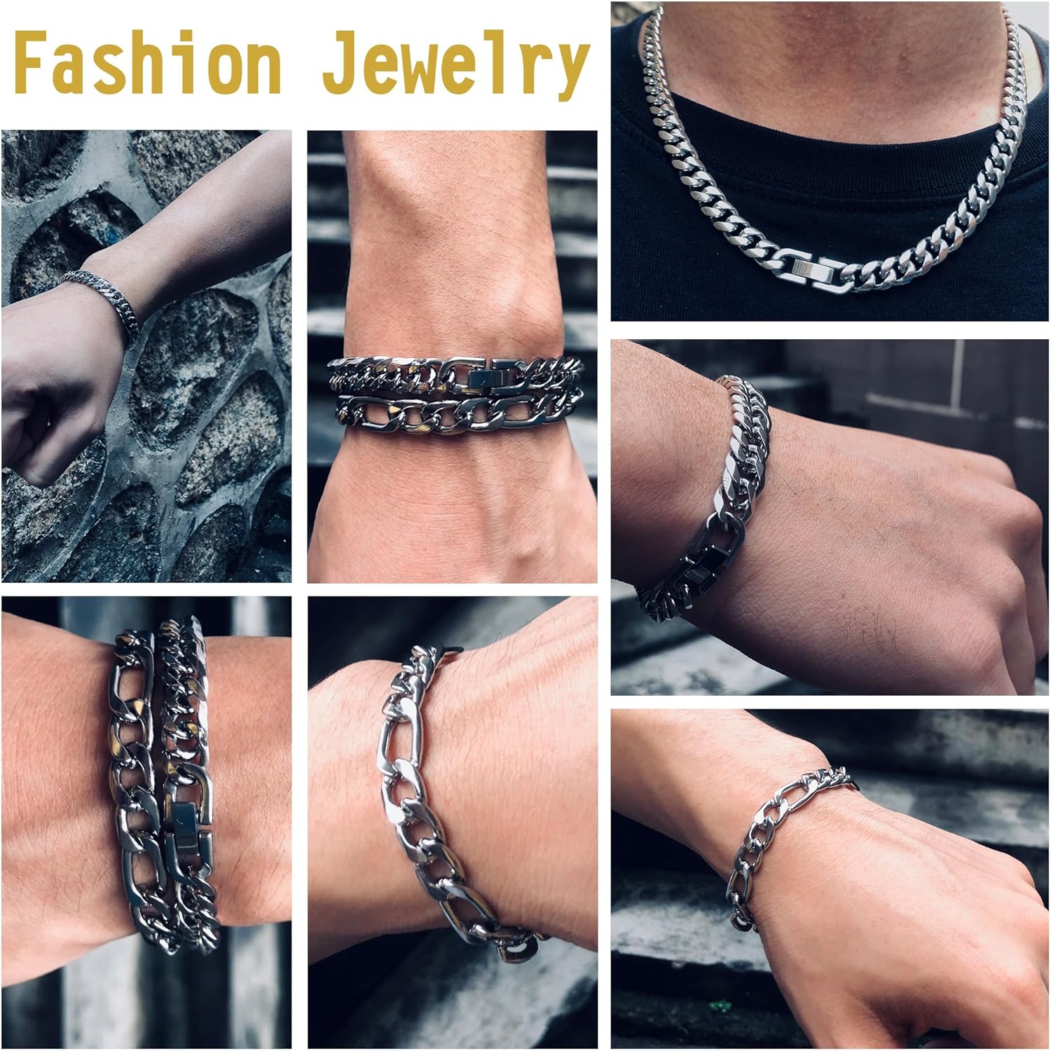 3PCS Cuban Link Figaro Bracelet Necklace, Silver Gold Black Sturdy 316L Stainless Steel Cuban Link Figaro Chain for Men Jewelry Set with Gift Message Card 8mm, 7/8/9 Inches - Image 6