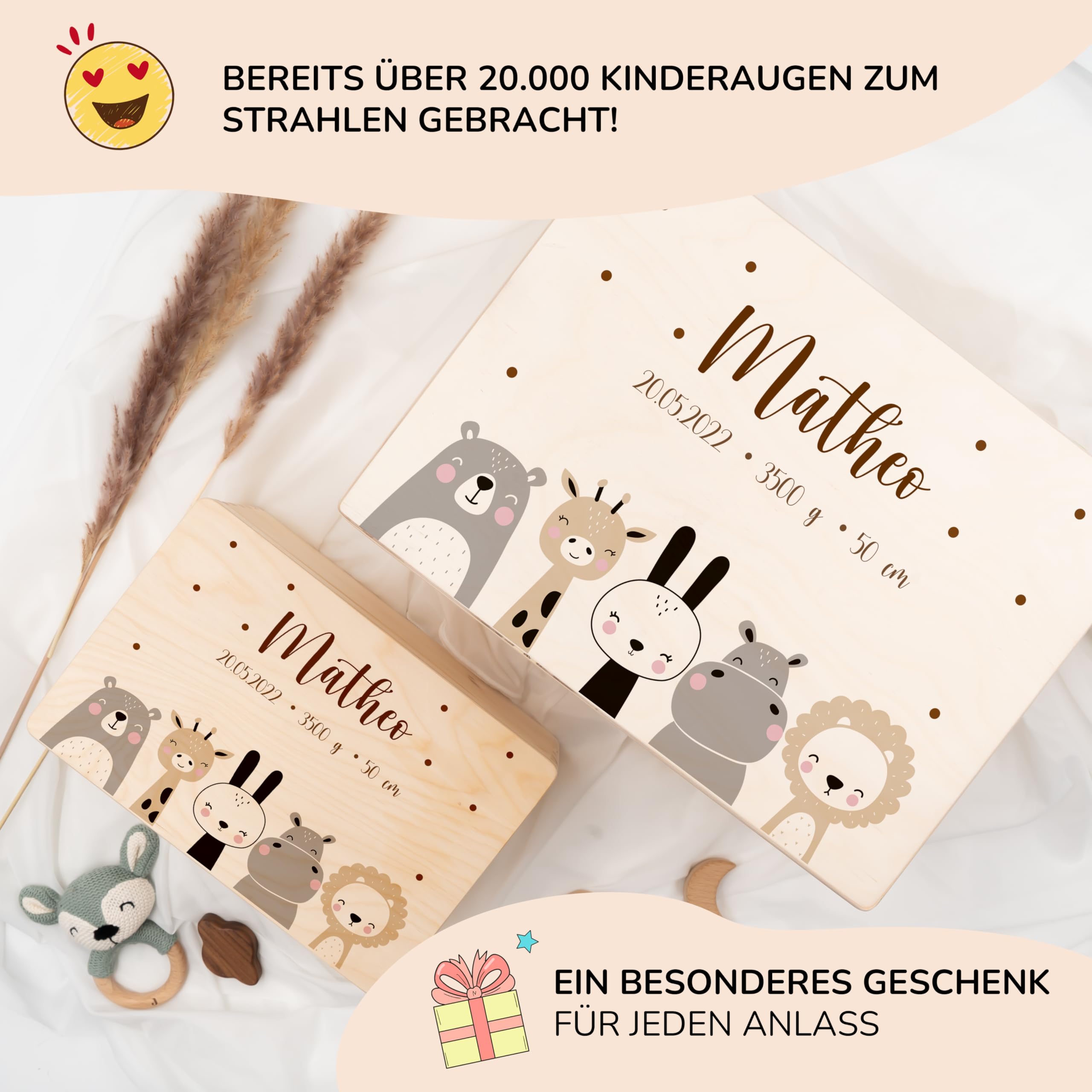 KIDSMOOD - Erinnerungsbox Baby, personalisierte Holzkiste mit Deckel, Ideal zur Aufbewahrung von Erinnerungen und als Geschenk zur Geburt, Taufe oder als Geburtstagsgeschenk für Mädchen und Jungen