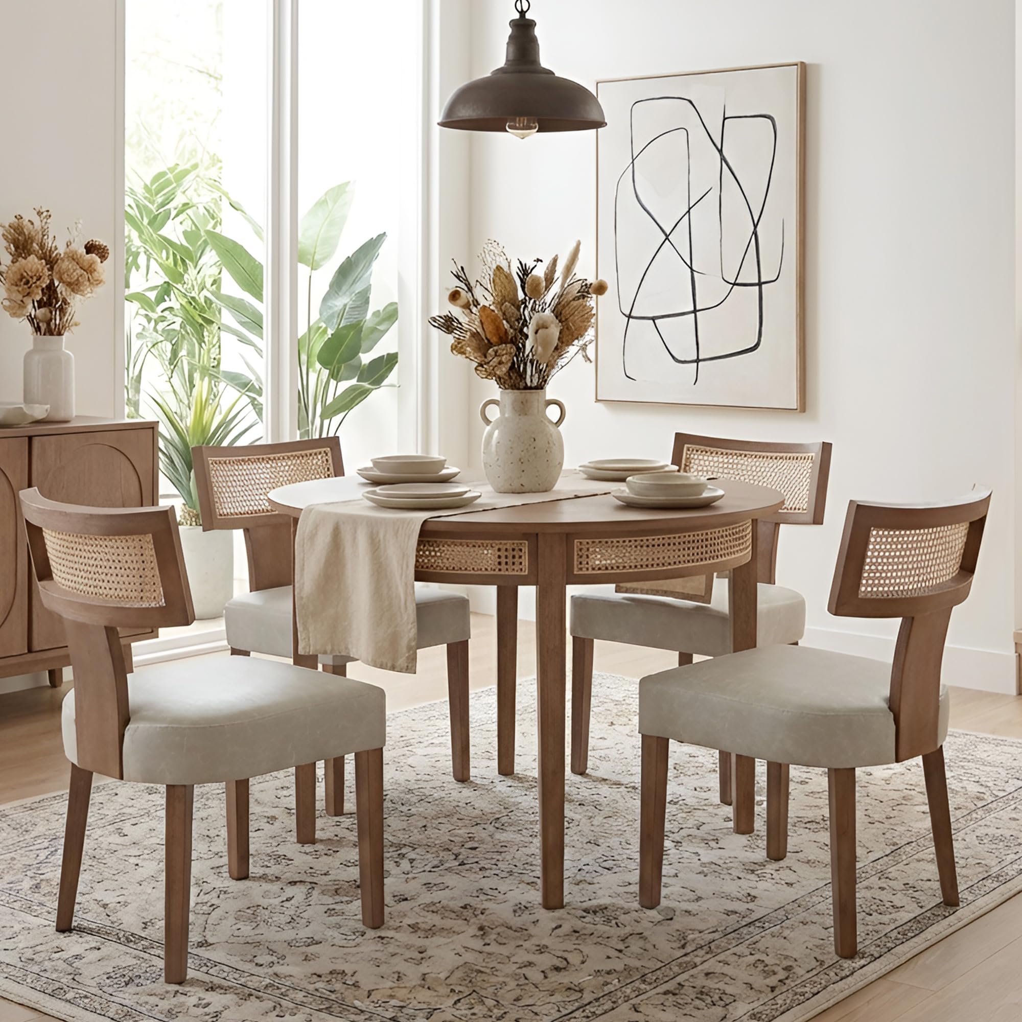 HNY Mid Century Modern Rattan Dining Chairs Set of 4, Farmhouse PU Leather Upholstered Accent Chair Curved Backrest Kitchen Chairs, with Hardwood Frame, Grey