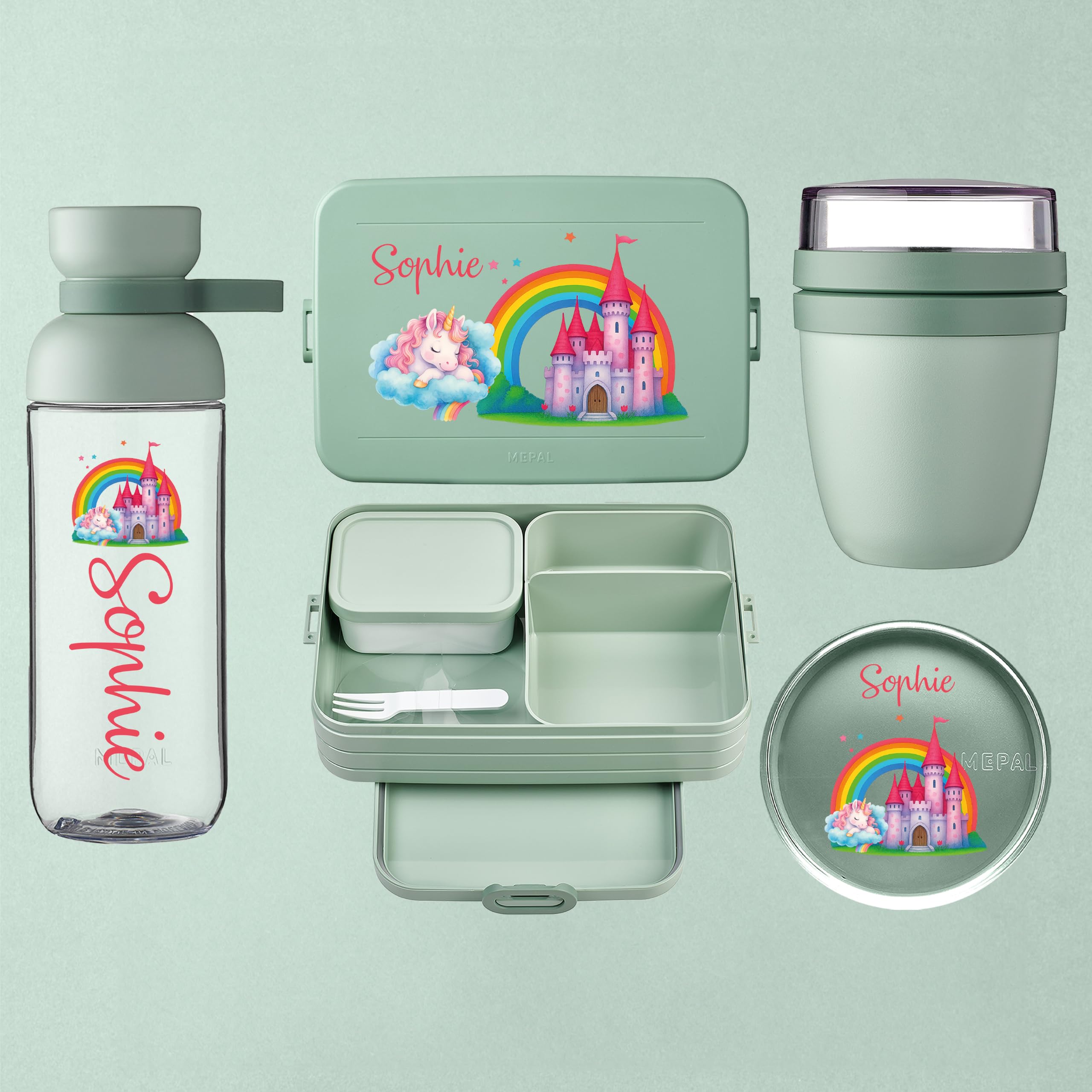 Mepal Personalisierte Brotdose Trinkflasche | Schloss Einhorn Regenbogen