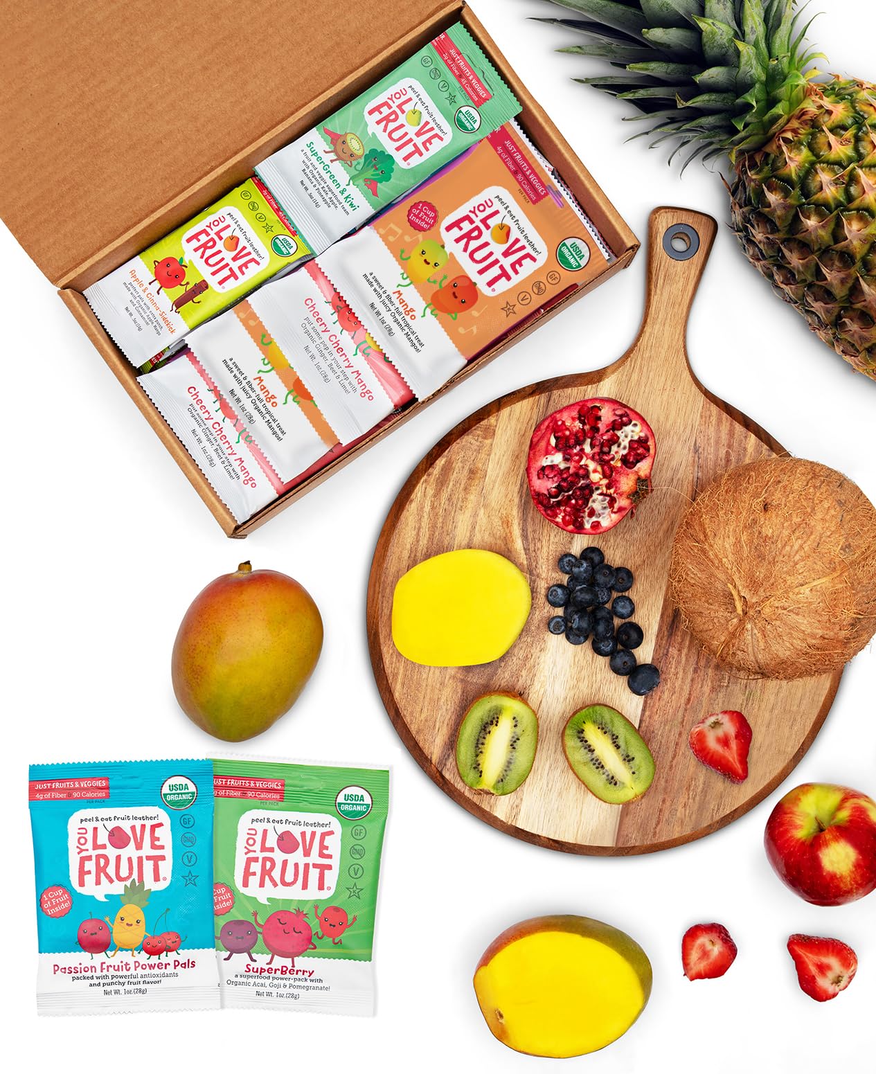 YOU LOVE FRUIT - Fruit Snacks Gift Box 24 Pack, 100% Natural Gluten-Free, Vegan, Fiber Packed, Low Fat Fruit Snack for Kids, College Students, Teachers and Offices, Healthy Fruit Snacks (apple cinnamon, mango, berry, kiwi berry, passion fruit, cherry mango, super green & kiwi )USDA Organic