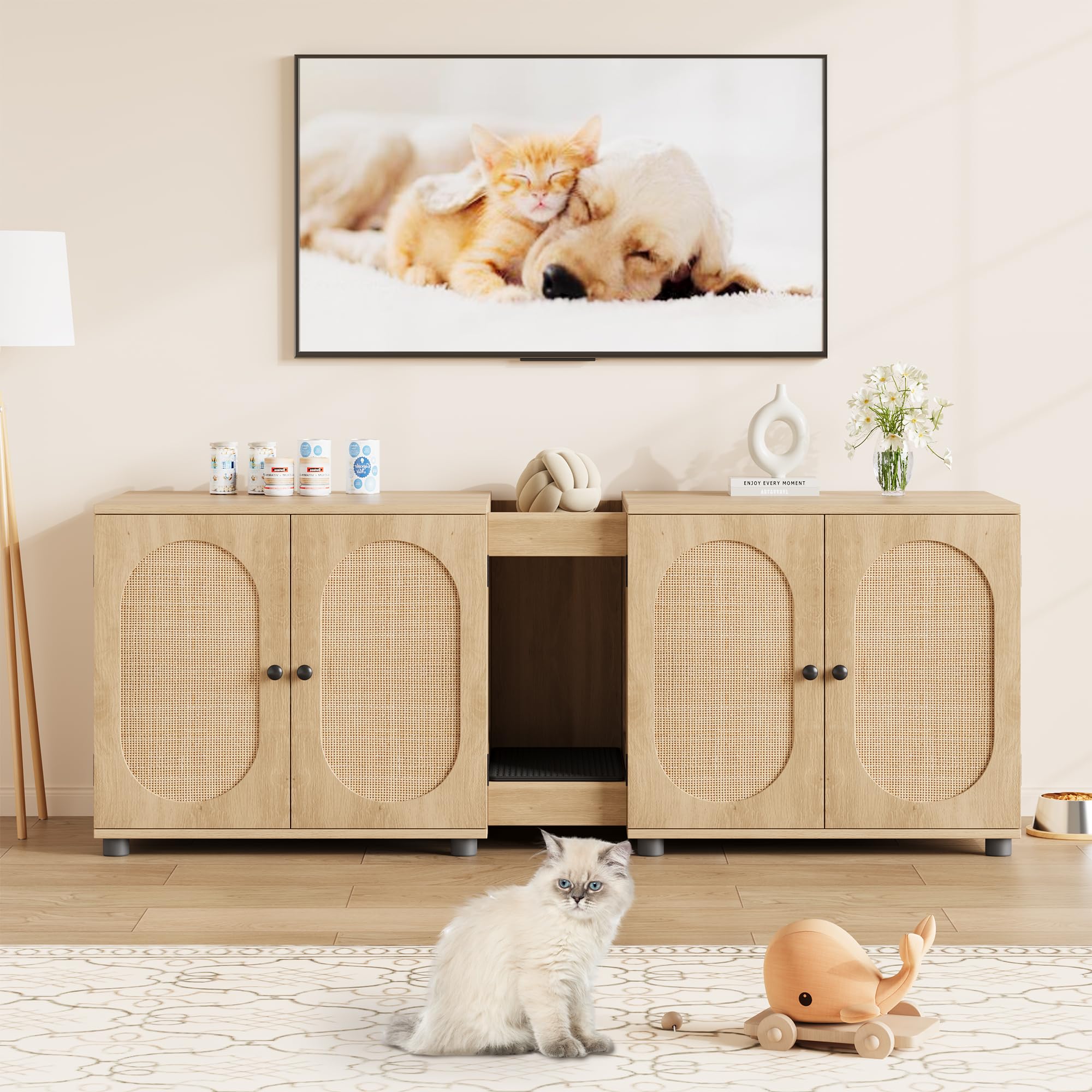 Doppeltes Katzenklo-Schrankmöbel für 2 Katzen, Großes Verstecktes Katzenhaus mit Türen, Inklusive Streuunterlage Hölzernes Haustierhaus Beistelltisch für Wohnzimmer, Schlafzimmer, Flur，Holz