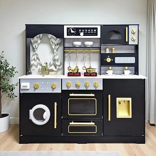 Miniatura 8 de Cocina de juego de madera con luz y sonido, fregadero de juguetes y dispensador de agua con agua corriente, juego de cocina grande para niños