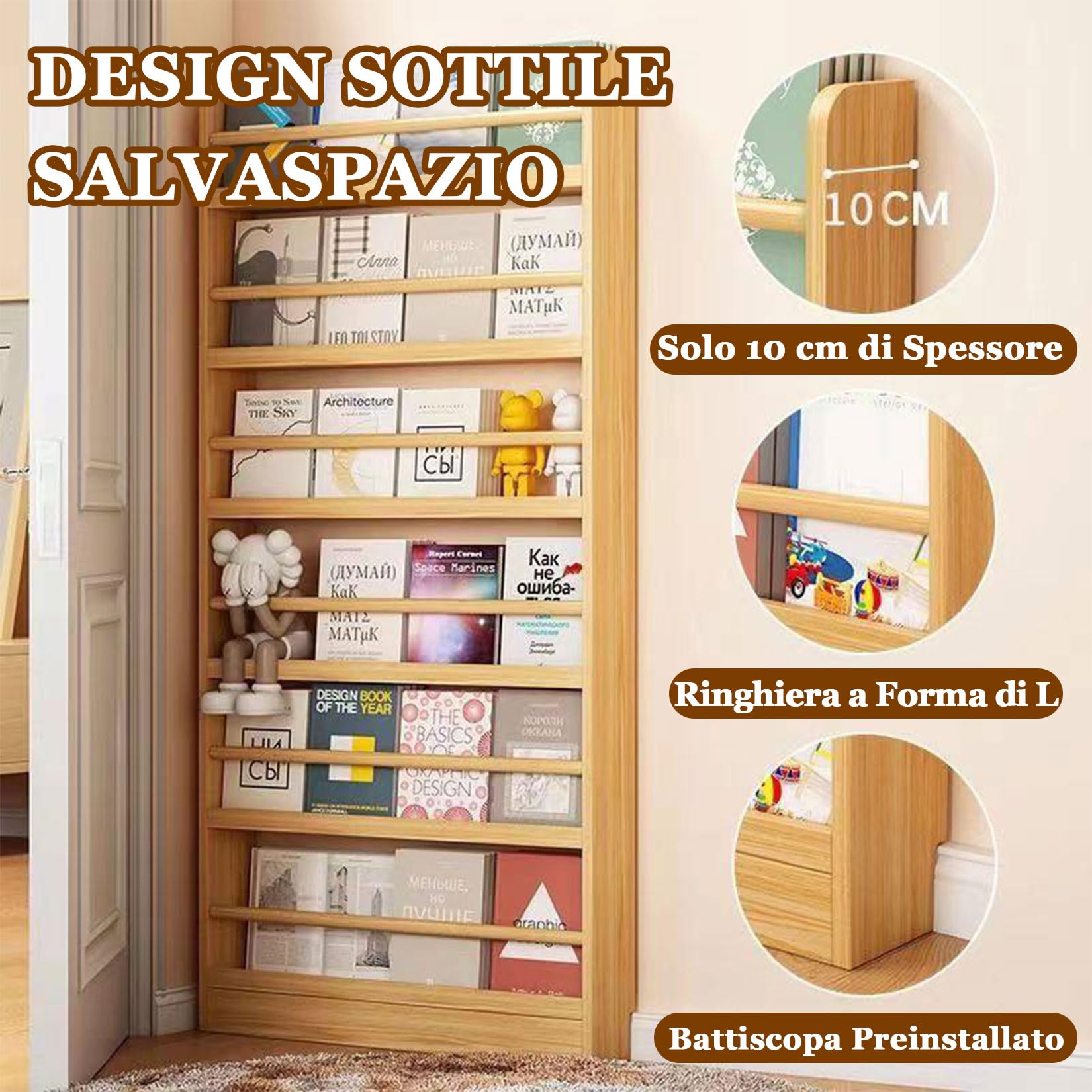 Scaffale Organizzatore in Legno Massiccio Stretto,Scaffale Dietro la Porta,Libreria sottile e stretta,Libreria Bambini da Parete,grande capacità di archiviazione,for soggiorno,armadio