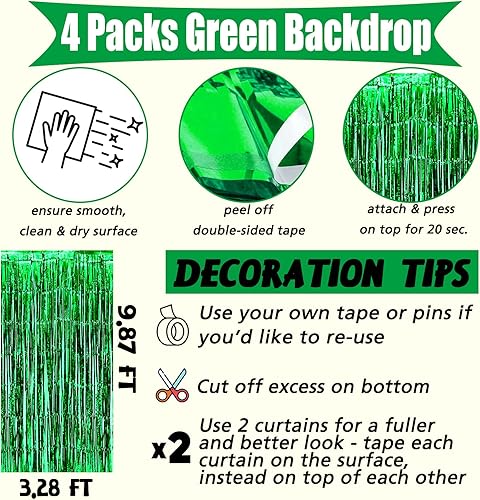 Miniatura 2 de Paquete de 4 cortinas de flecos verdes de fondo, 3.2 pies x 9.8 pies de serpentinas de flecos de papel metálico para fondo de cabina de fotos,