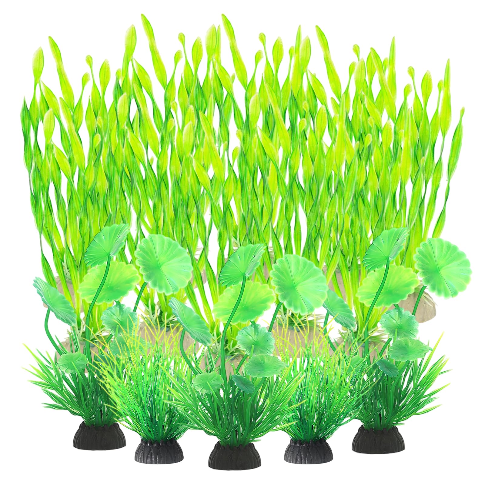 Solvio 15pcs Artificial Fish Tank Plants Decorations - Plastic Aquarium Plants with Ceramic Base, Colorful Seaweed Water Grass Ornaments for Tropical Goldfish Tank Accessories, 6 to 12 Inch Tall