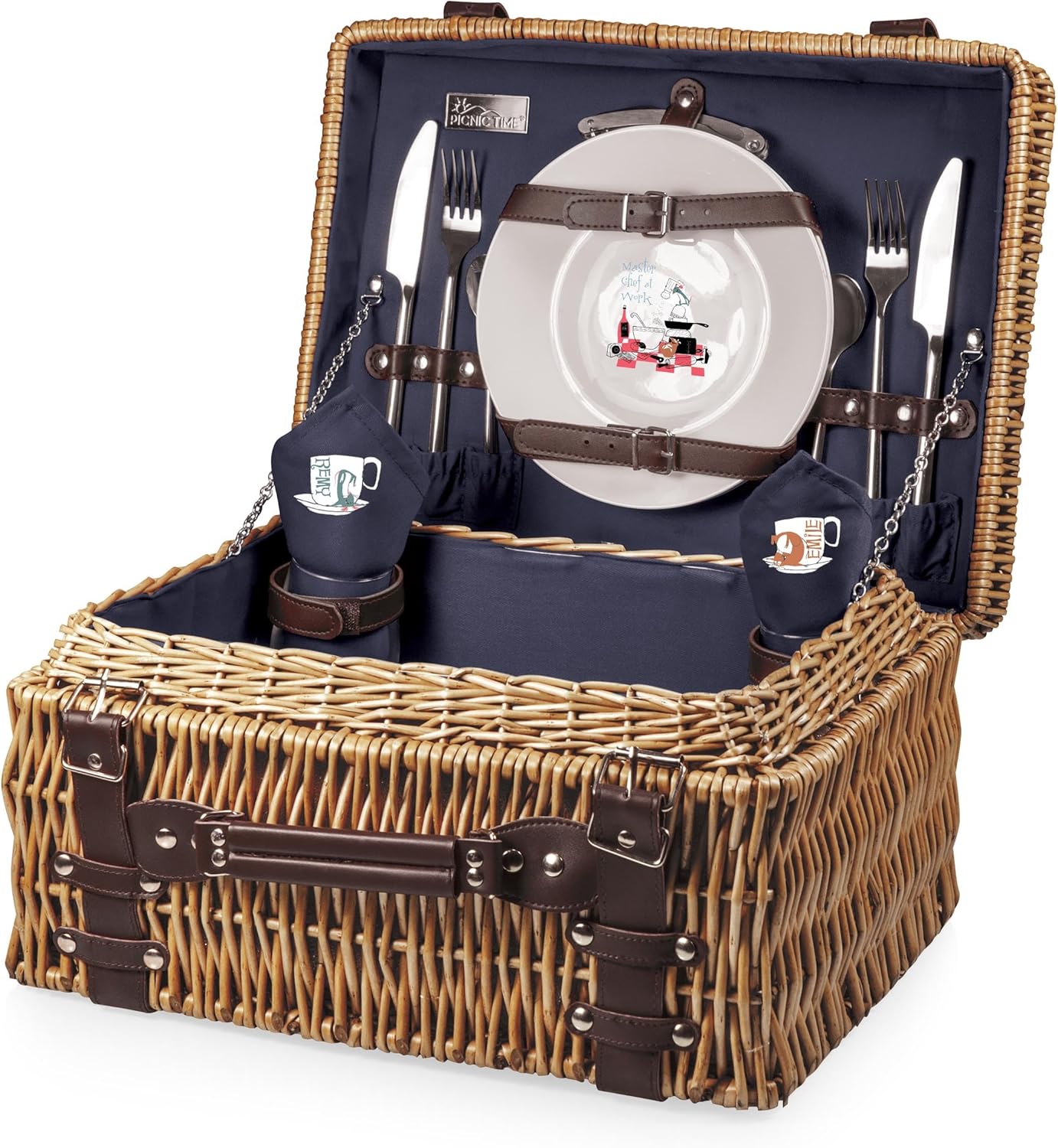 Picnic TIME Disney Pixar UP Champion Wicker Picnic Basket for 2 with Deluxe Cutlery Service Kit, Large Suitcase Style Picnic Set with Leatherette Handle, (Navy Blue)