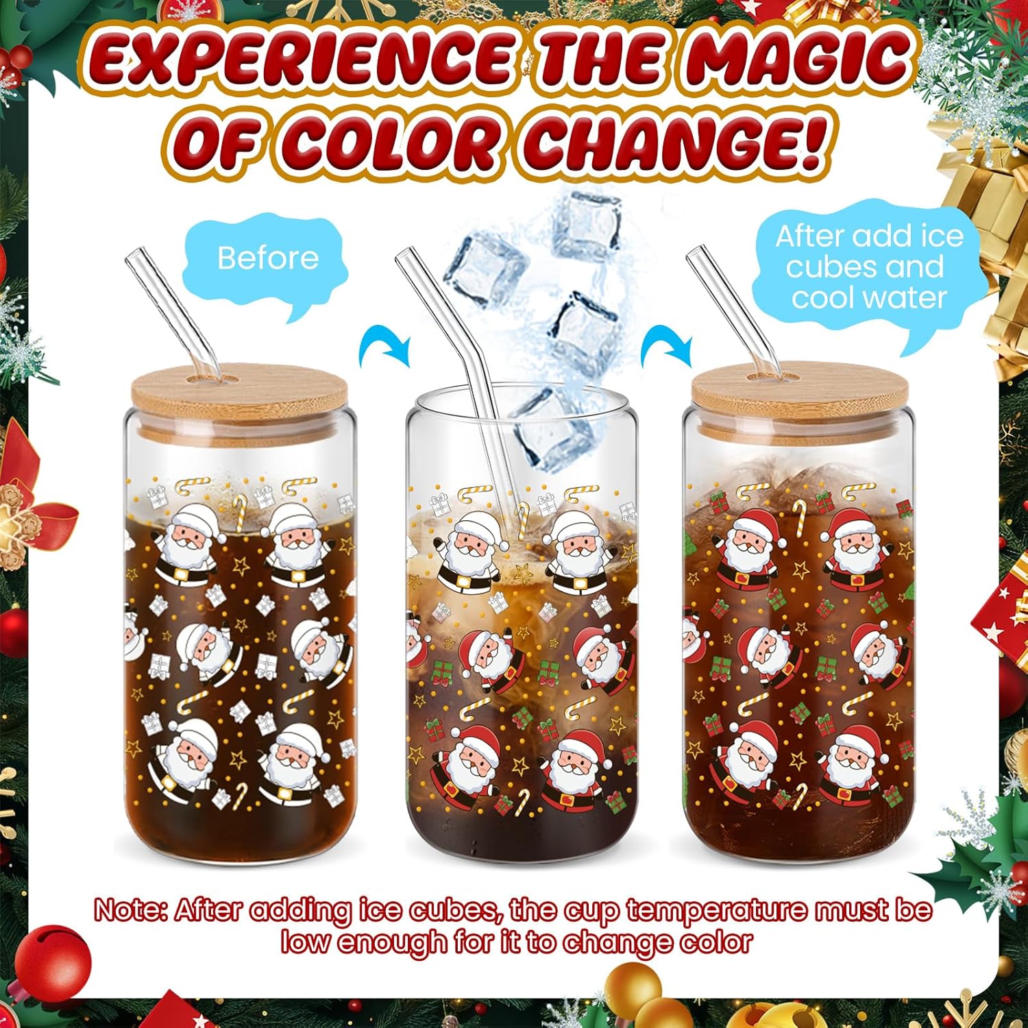 12 Pcs Christmas Color Changing Cups with Lids and Straws 16 oz Christmas Glass Tumblers Xmas Iced Coffee Cup Can Shape Drinking Glasses for Xmas Gift Party Favors Decor (Red Green Pattern)