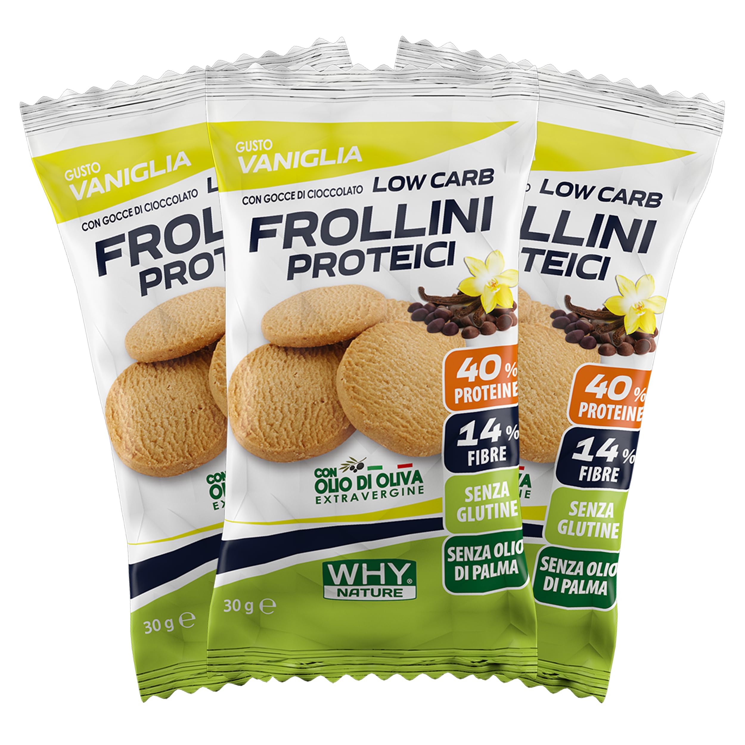 WHY NATURE LOW CARB FROLLINI PROTEICI – Frollini Proteici Senza Glutine per una Colazione Proteica - Gusto Vaniglia con Gocce di Cioccolato - Box da 25 Pezzi - 30 gr
