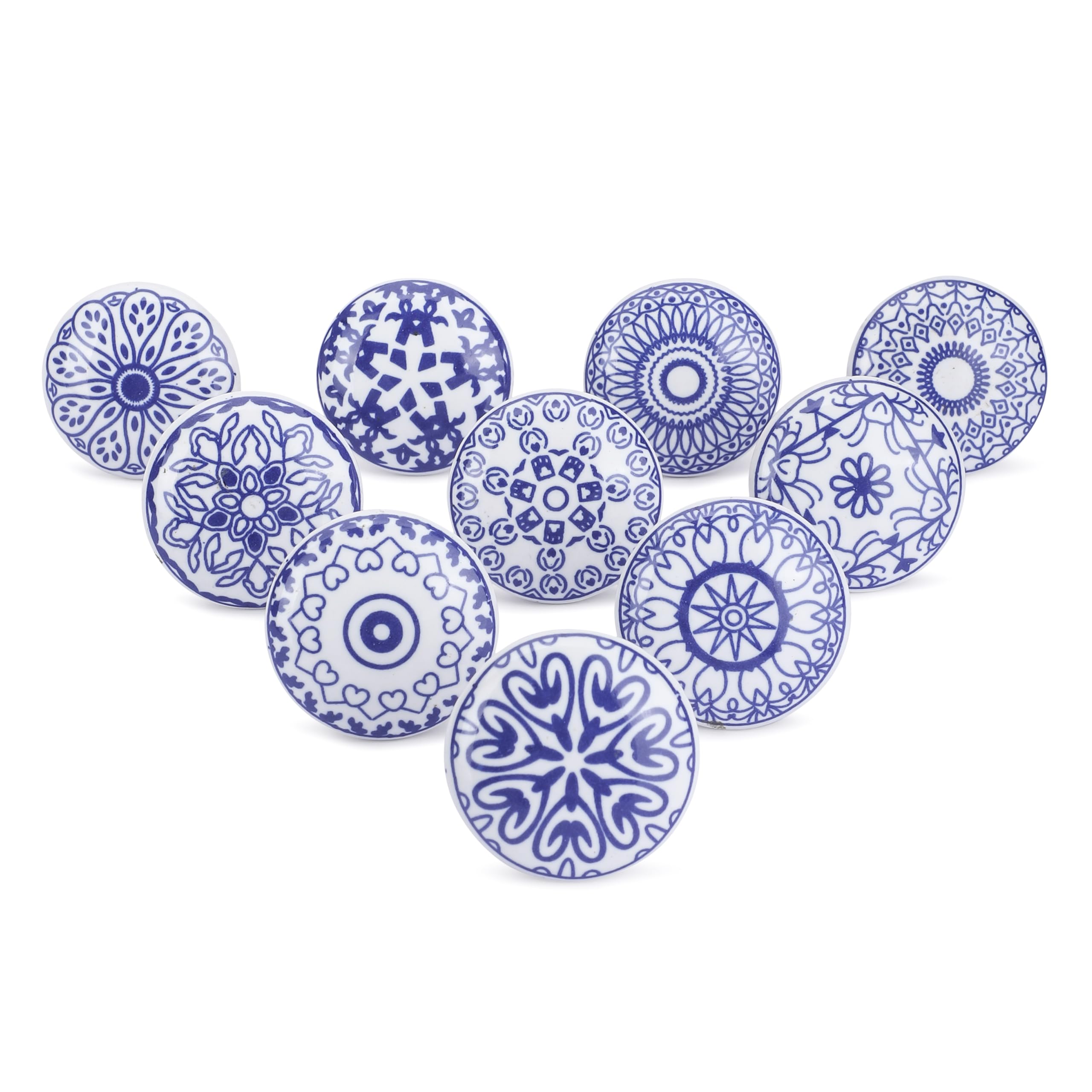 Ajuny Ceramic Knobs Set of 10 Blue White Cupboard Door Knobs, Handmade Printed Drawer Pulls for Kitchen Cabinets, Wardrobes, Bathroom Dresser Furniture
