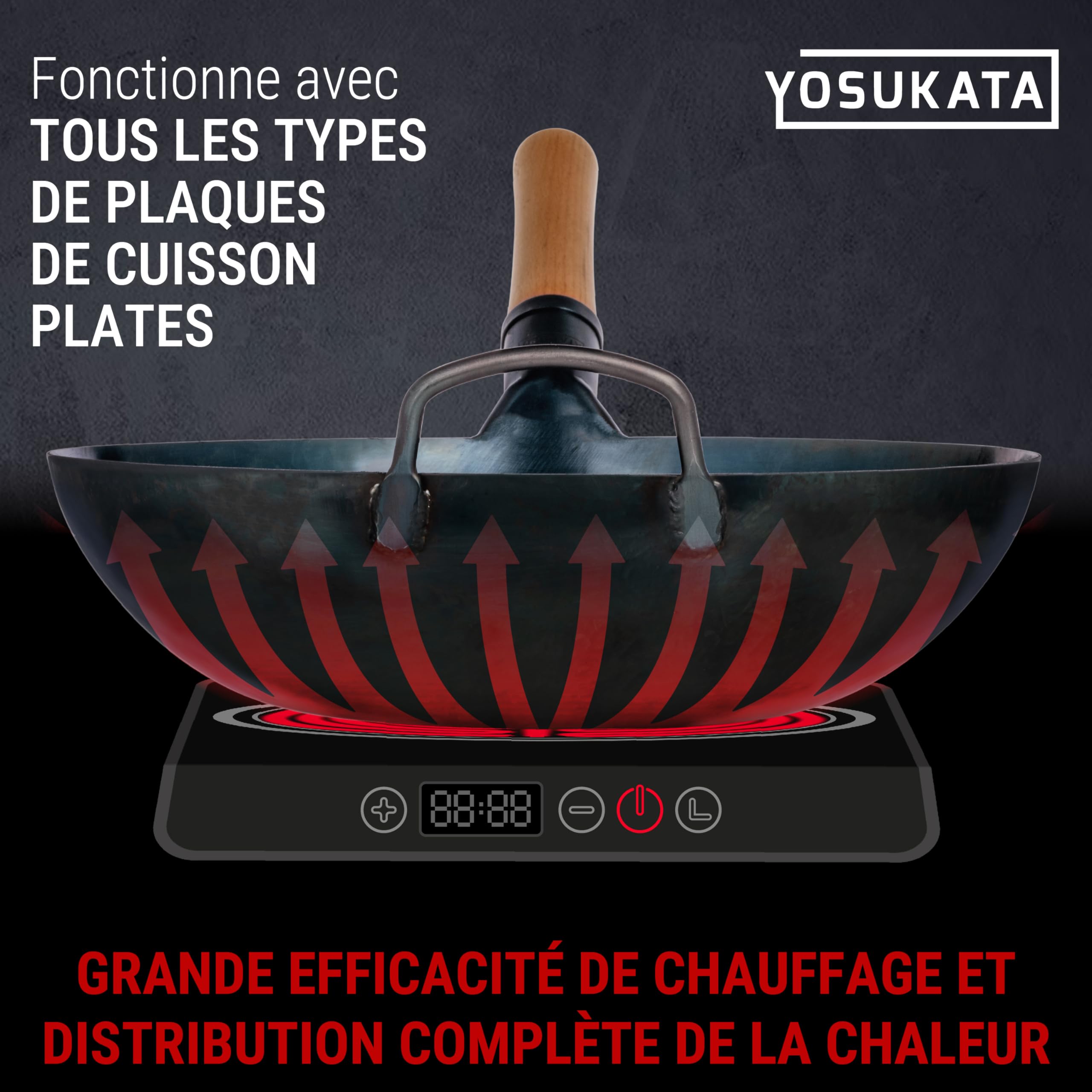 YOSUKATA Woks Et Poêles à Frire 34 cm - Wok À Fond Plat En Acier Carbone Bleu, Pré-assaisonné Compatible Induction, Plaques Électriques, Gaz Et Feu Ouvert - Poêles Chinois Traditionnel