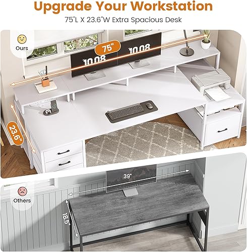 Miniatura 5 de SEDETA Escritorio blanco para computadora con 5 cajones y toma de corriente, escritorio de oficina en casa de 75 pulgadas con cajón de archivos