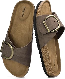 Merking Women's Cork Footbed Sandal Adjustable Buckle,Brown,US9.5 | Beach Casual Open Toe Slides Summer Daily Vacation