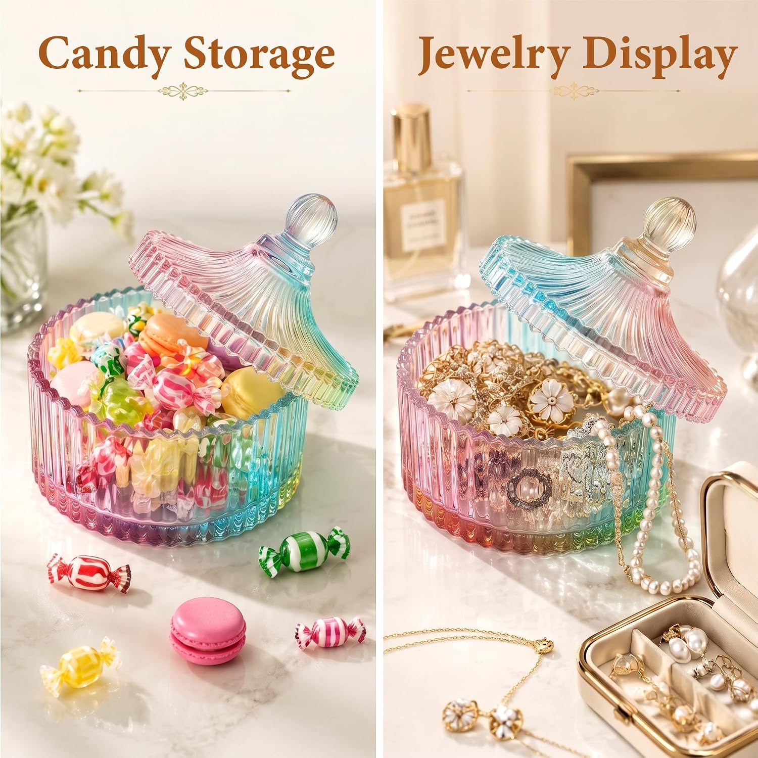 3pcs Extra Large Glass Powder Container with Puff Set, 6" Cute Body Loose Dusting Powder Puffs and Crystal Jar for Women & Baby, Vintage Makeup Decorative Storage Case-Colored