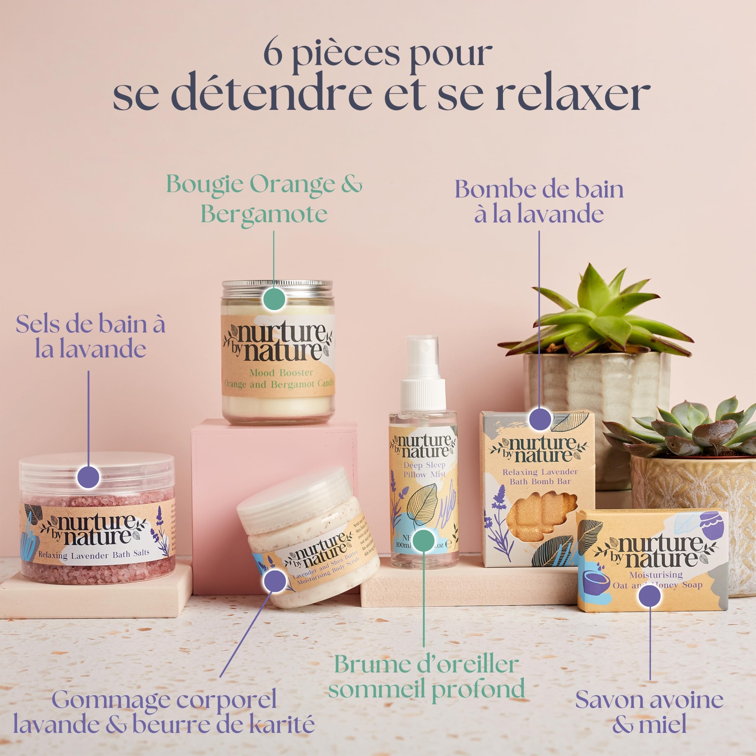 NURTURE BY NATURE Coffret Cadeau Bien-Être Femme Relaxant – 6 soins avec spray pour oreiller à la lavande, sel et boule de bain, bougie parfumée – idée cadeau femme, Saint-Valentin et Fête des Mères