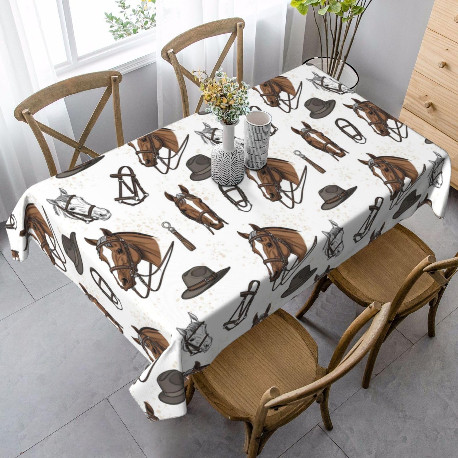 Nappe de table pour mariage et fête lavable motif cheval blanc aquarelle