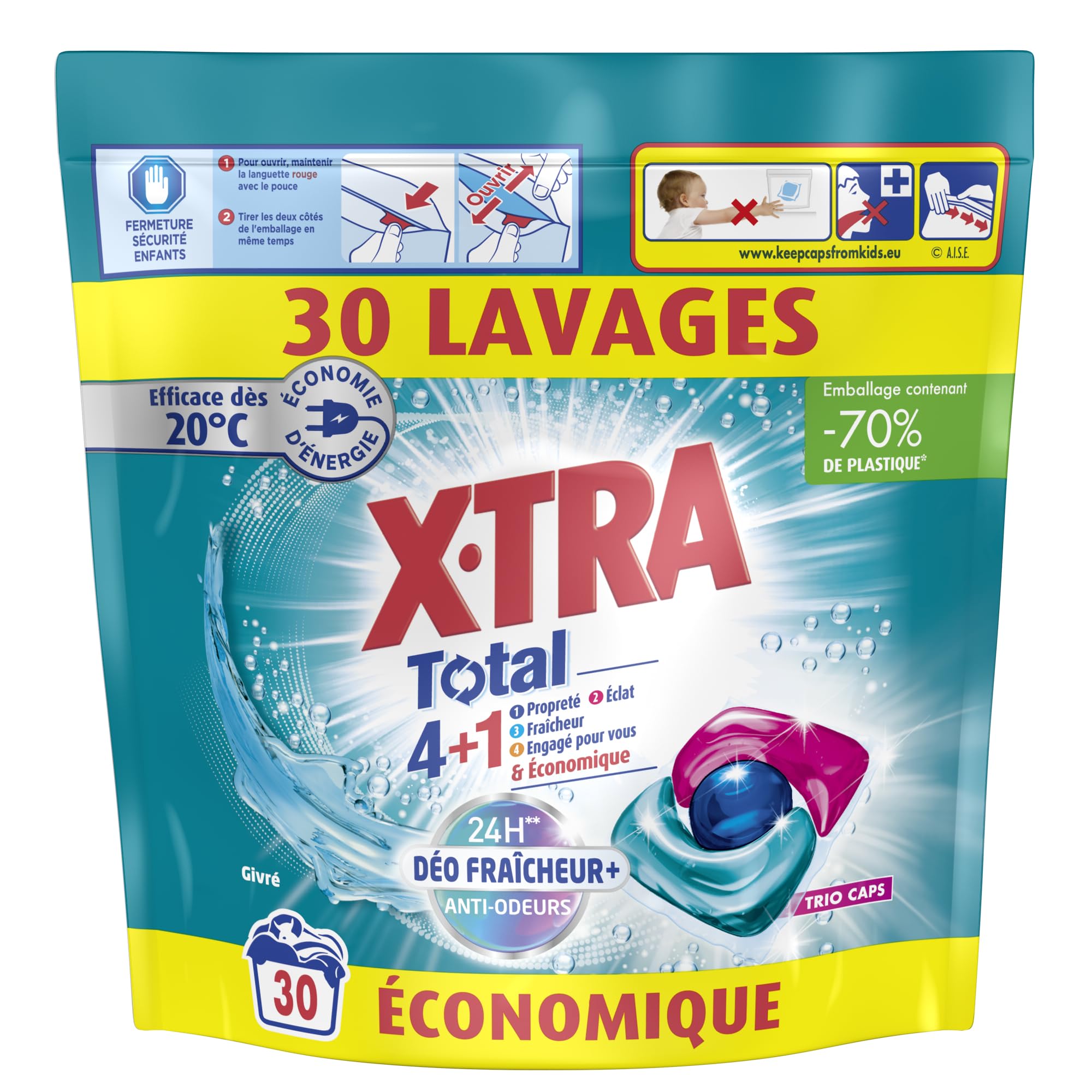 X-Tra Total - Lessive capsule Trio-Caps 4+1 - Propreté, éclat et fraîcheur - Economique et déo fraîcheur 24H