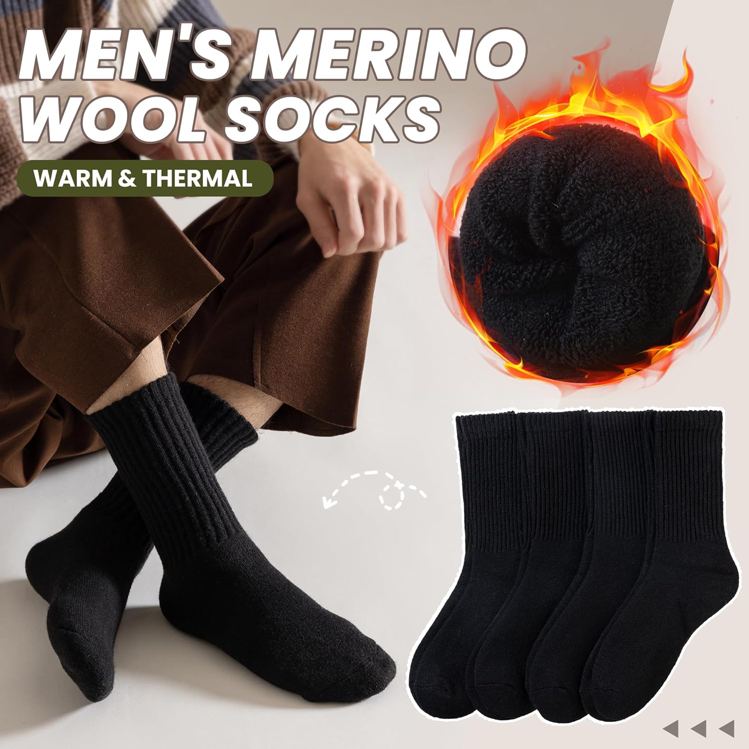 Eyean Men Merino Wool Socks Thermal Hiking Winter Ski Warm Thick Cozy Boot Socks 4 Pairs - Image 4