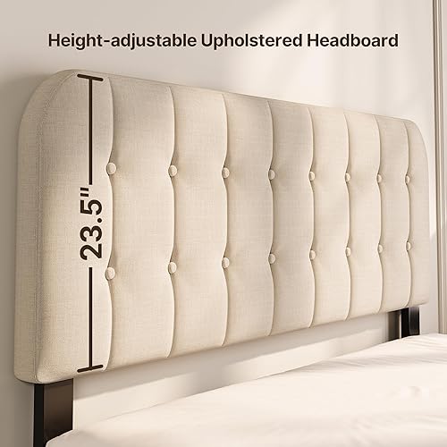 Miniatura 9 de Gizoon Base de cama Queen con cabecero, cama de plataforma tapizada con listones de madera resistentes, sin ruido, no necesita somier, fácil
