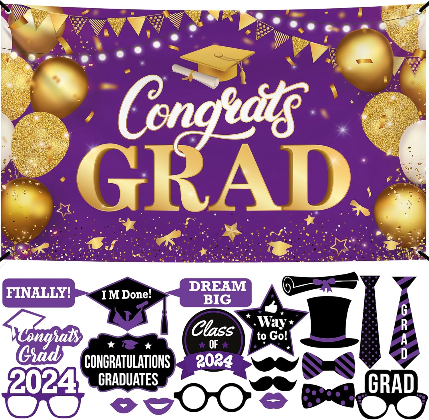 KatchOn, Congrats Grad Banner Purple and Gold - Pack of 22 | Purple Graduation Photo Booth Props 2024 | Graduation Backdrop, Purple and Gold Graduation Decorations | 2024 Graduation Party Decorations