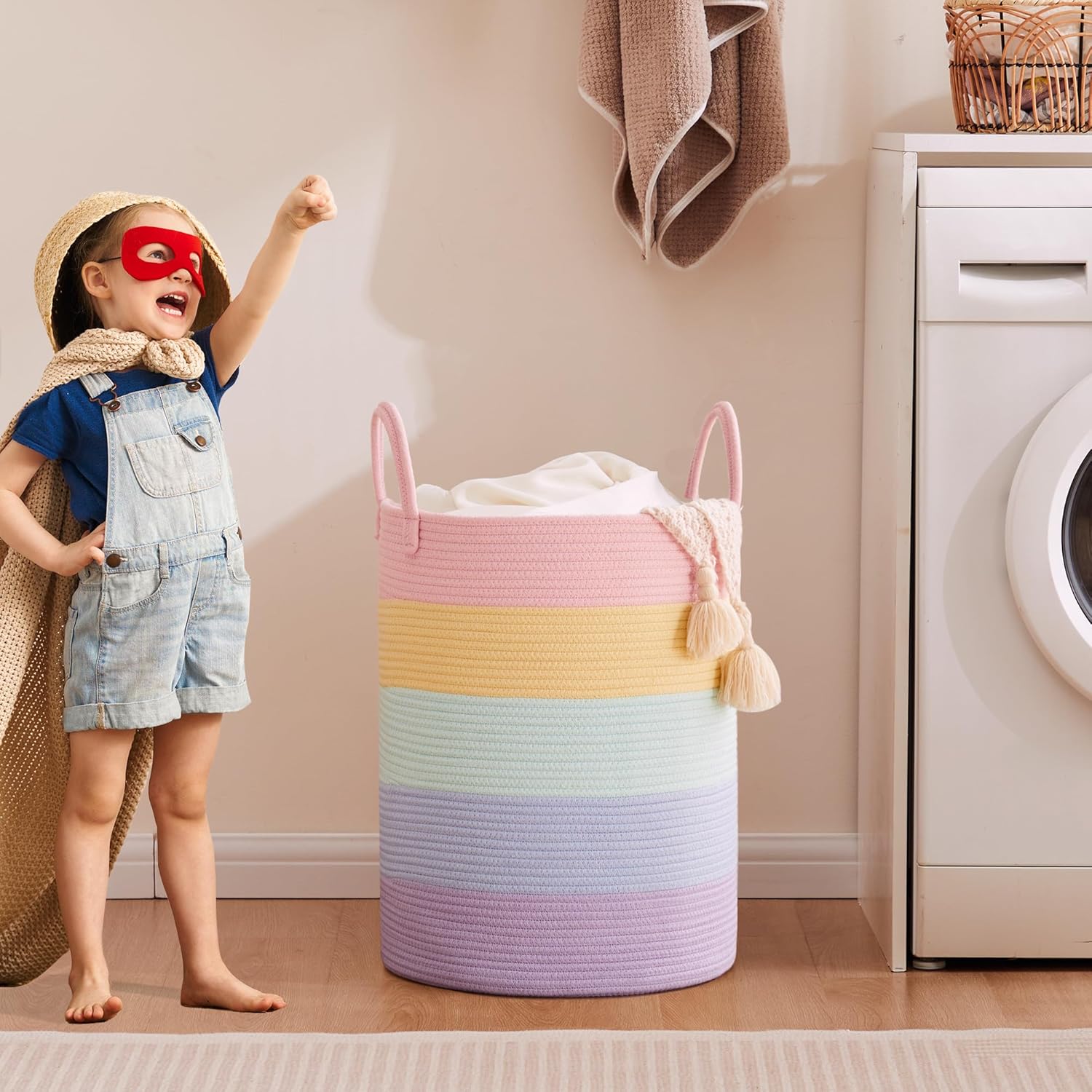 15Dx20H inches Baby Girls Kids Hamper Rainbow Laundry Basket for Nursery Clothes Pastel Unicorn Woven Hamper in Playroom Bedroom 62L Large Tall Blanket Basket for Toy Storage - Image 4