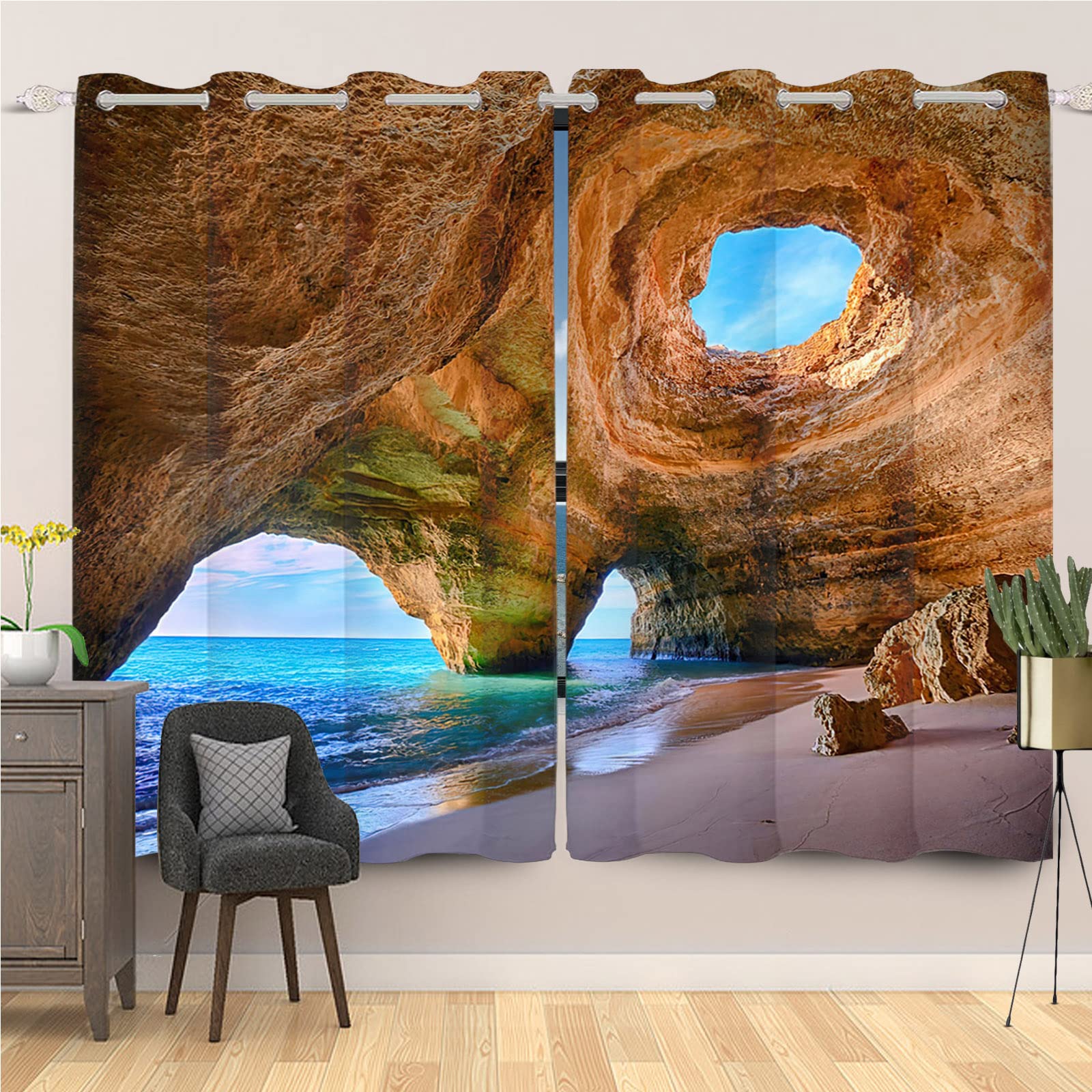 Yeele Ocean Blackout Curtain Tropical Paradise Ocean Beach Landscape Blue Sky Sea Rock Stone Cave Window Panels Drapes for Living Room Bedroom Set Shade Curtains Grommet 53x96inches