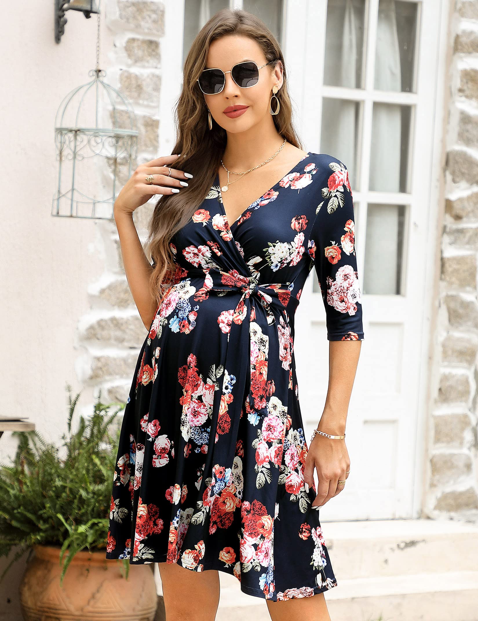 KOJOOIN Womens Maternity Dress Nursing Dresses Pregnancy Dress Breastfeeding Dress 3/4 Sleeve A-Line V-Neck Dress — view 3