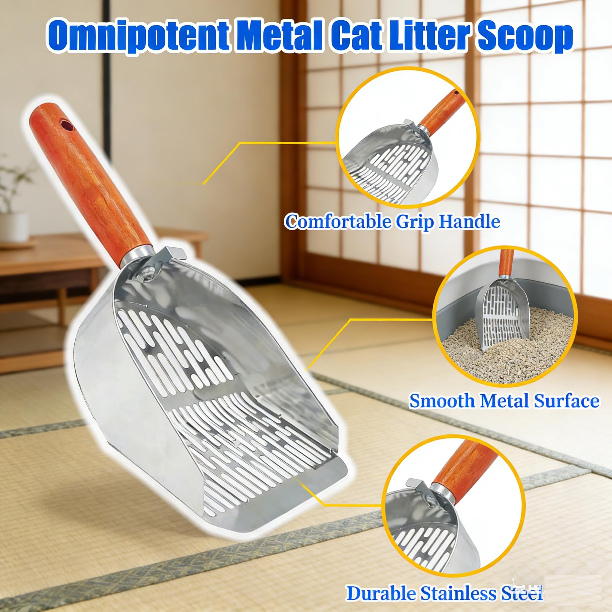 Cat Litter Scoop Metal 304 Stainless Steel, One-Piece Pressed Design with No Weld Spots, Durable Anti-Break Handle, Dual Slot Sizes, with Holder Stand, Easy to Clean, Filters Small Litter Clumps - image 3