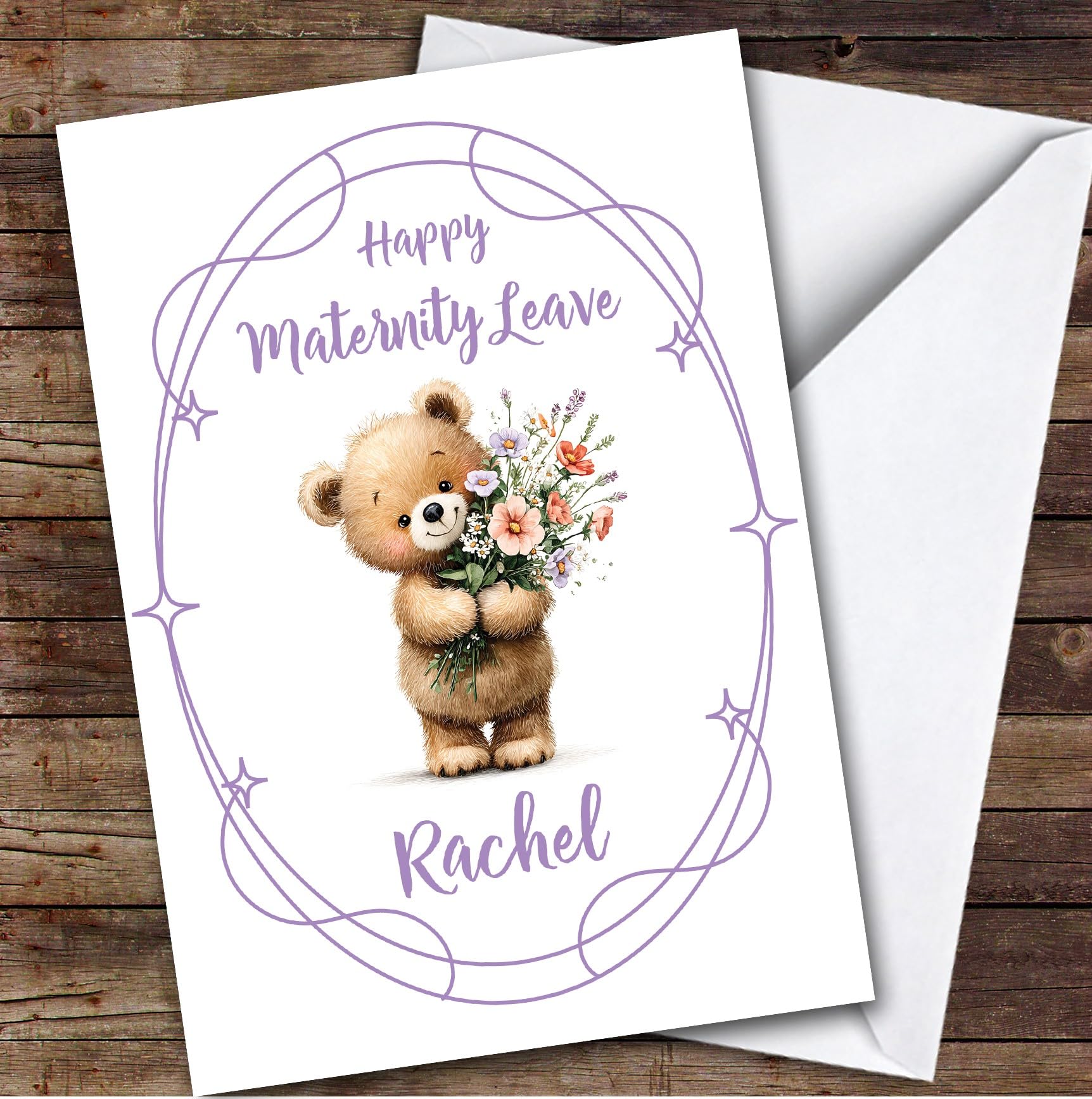 Personalised Maternity Leave Card For Anyone Bear Flowers Purple | Personalized Custom Unique Greetings Card For Maternity Leave Any Text Inside & Out