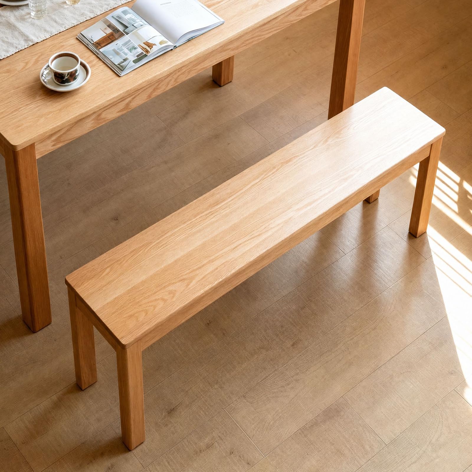 47" Solid Oak Narrow Dining Bench - Natural Finish, for Kitchen & Dining Room, Space-Saving Wooden Seat for Entryway, Bedroom, and Hallway