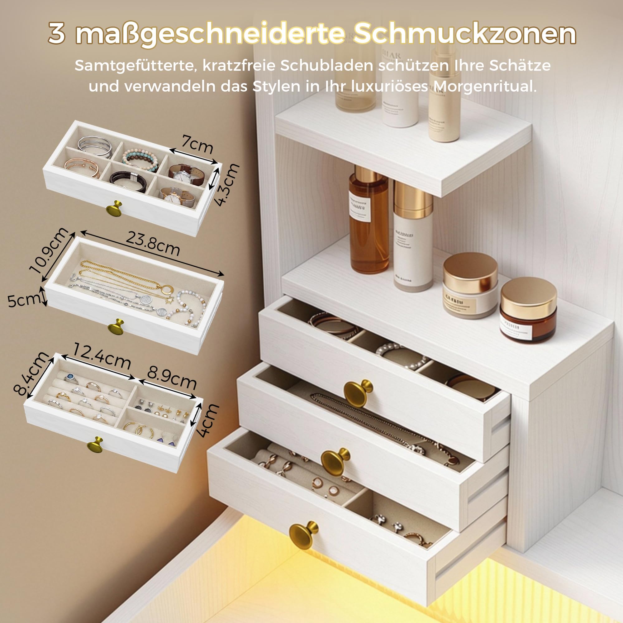 IRONCK Schminktisch mit LED Spiegel & RGB-Beleuchtung, Make-up Tisch mit Schiebetür Staubschutzfach, Steckdose, Föhnhalter, 5 Schubladen, Frisiertisch für Schlafzimmer, 140×70×40cm Weiß