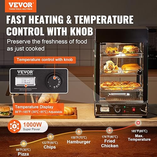 Miniatura 2 de VEVOR calentador comercial de alimentos de 3 niveles, calentador de exhibición de alimentos de 1000 W con luz, estante ajustable y pantalla de