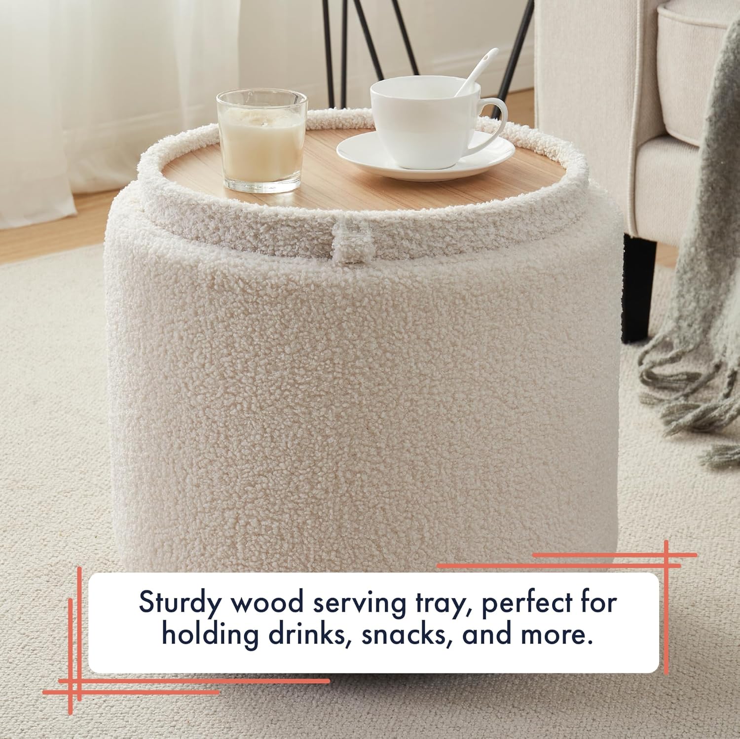 Ornavo Home Lawrence Round Boucle Storage Ottoman with Lift Off Lid and Tray Lid Coffee Table, Ottoman with Storage for Living Room, Bedroom and Office, Boucle White