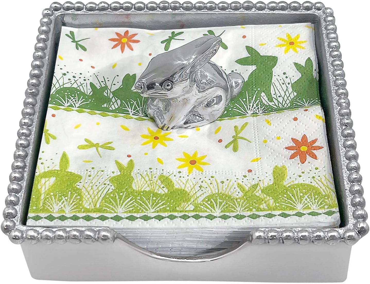 Mariposa Bunny Beaded Napkin Box Set | Silver | Brillante | Gifts | Napkin Box & Weight Set | Recycled SANDCAST Aluminum | Handmade in Mexico
