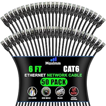 Maximm Cat 6 Ethernet Cable 6 Ft, (50-Pack) Cat6 Cable, LAN Cable, Internet Cable and Network Cable - UTP (Black)
