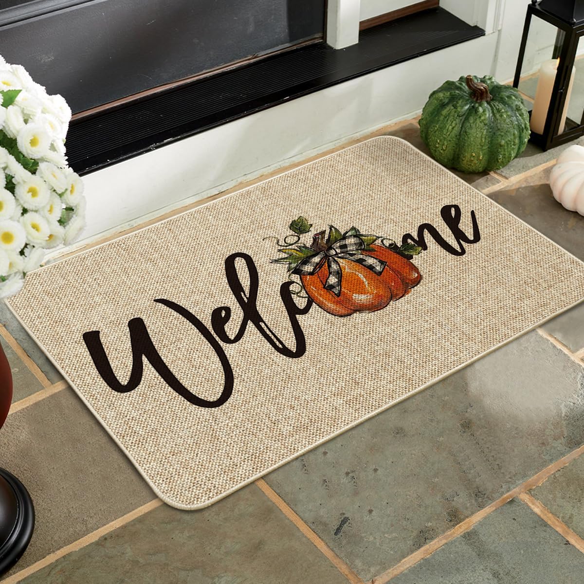 Artoid Mode Bow Tie Pumpkin Fall Welcome Doormat, Autumn Home Decor Low-Profile Switch Rug Door Mat for Indoor Outdoor 24x35 Inch