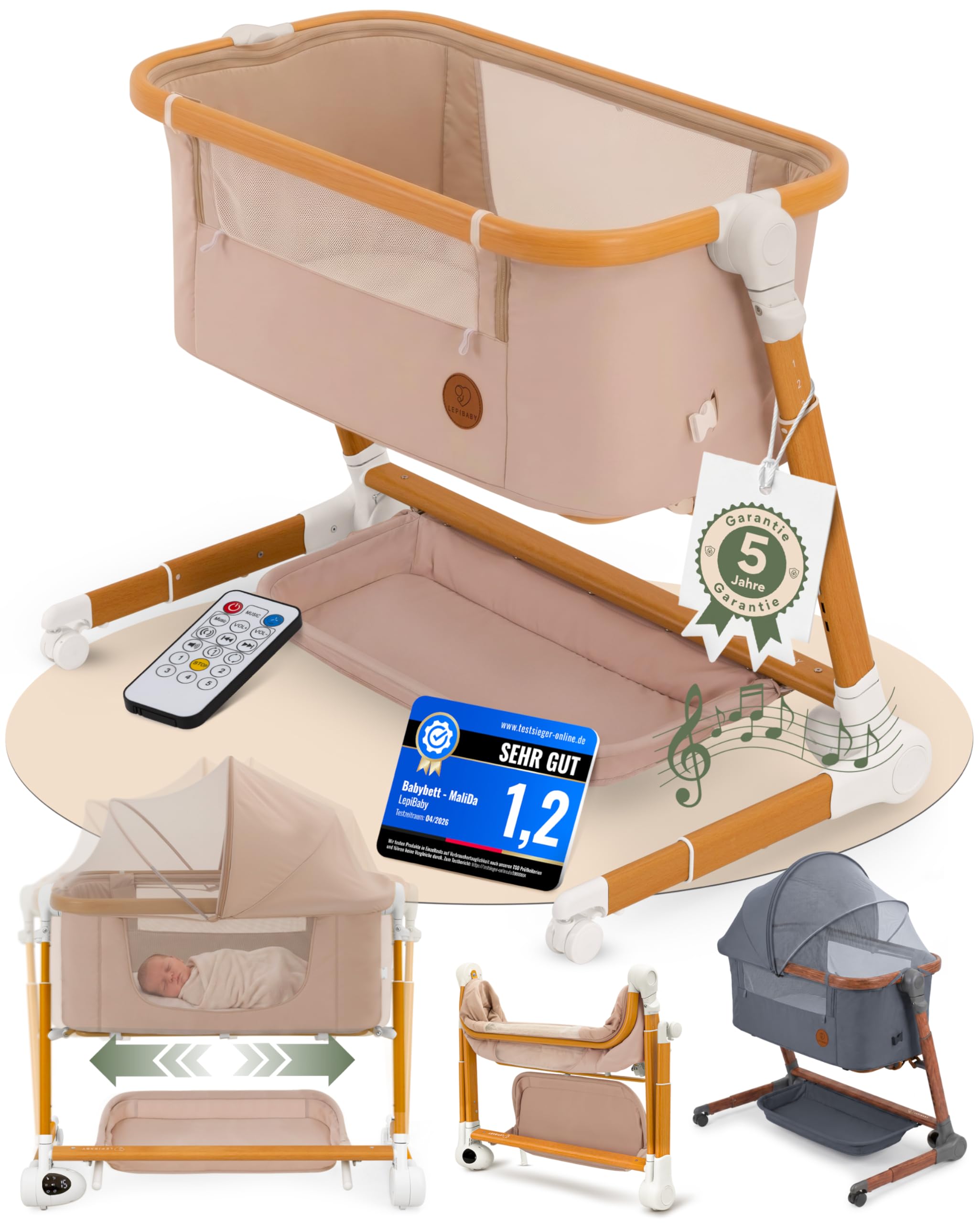 MaliDa Babybett mit Rollen | Beistellbett Baby Boxspringbett | Stubenwagen Höhenverstellbar mit Wiegefunktion | Reisebett Baby mit Matratze | Bett, Babywiege, Crib, Bassinet, Bed | Hell