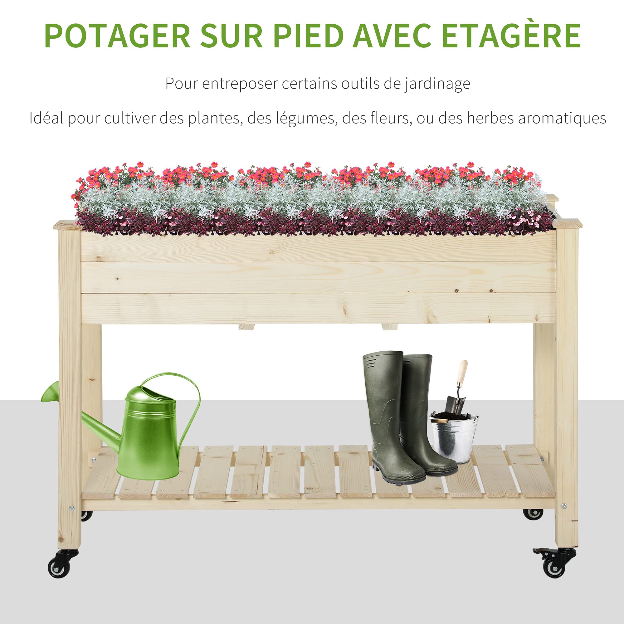 Outsunny Jardinière sur Pieds Carré Potager sur roulettes | Étagère, Inserts d'Irrigation, Feutre de Drainage Inclus, Bois Massif Sapin
